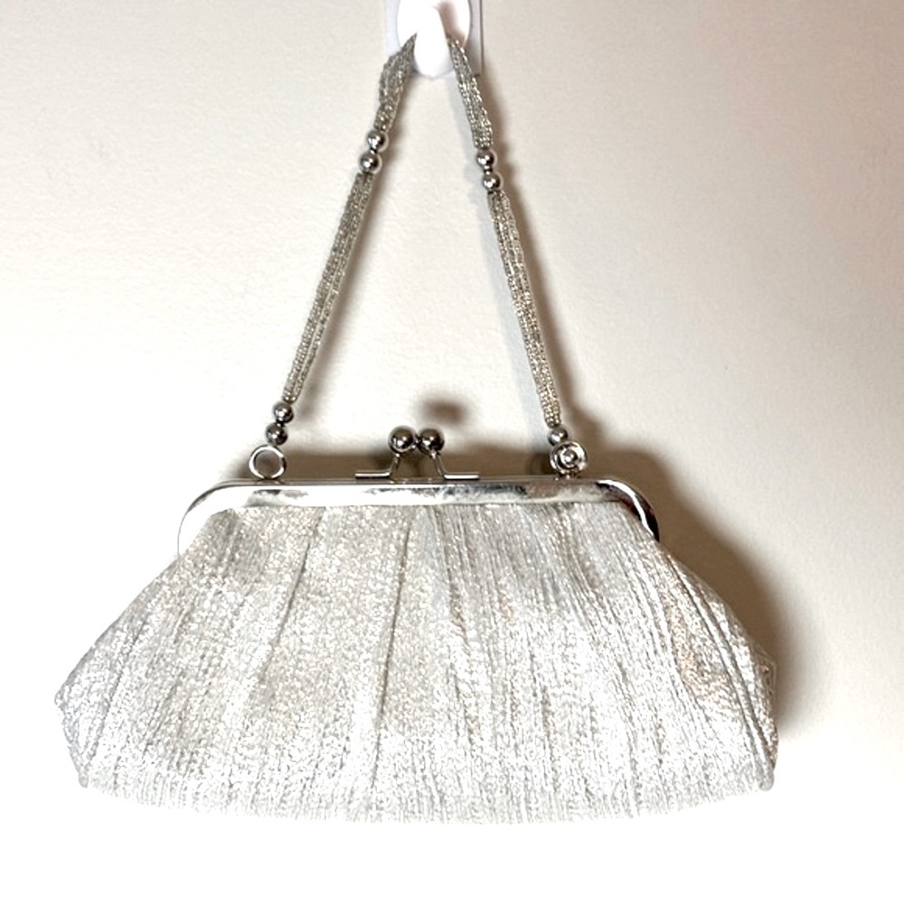La Regaie Silver Lame Fabric Clutch with Beaded Handel Handbag